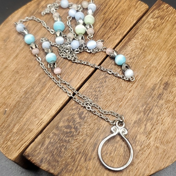 Delicate Pastel Beaded Necklace with Silver-Tone Chain & Teardrop Pendant N341‎